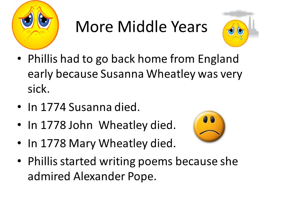 More Middle Years Phillis had to go back home from England early because Susanna Wheatley was very sick.