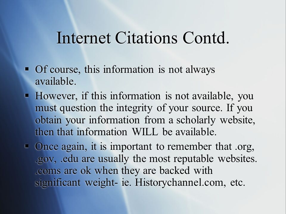 research paper internet sources Our teacher gave us the example of having the author and the page at the end of a sentence for a book, for example (o'rourke, 41) but i have a lot of internet sites that i need to site. research paper internet sources Our teacher gave us the example of having the author and the page at the end of a sentence for a book, for example (o'rourke, 41) but i have a lot of internet sites that i need to site.
