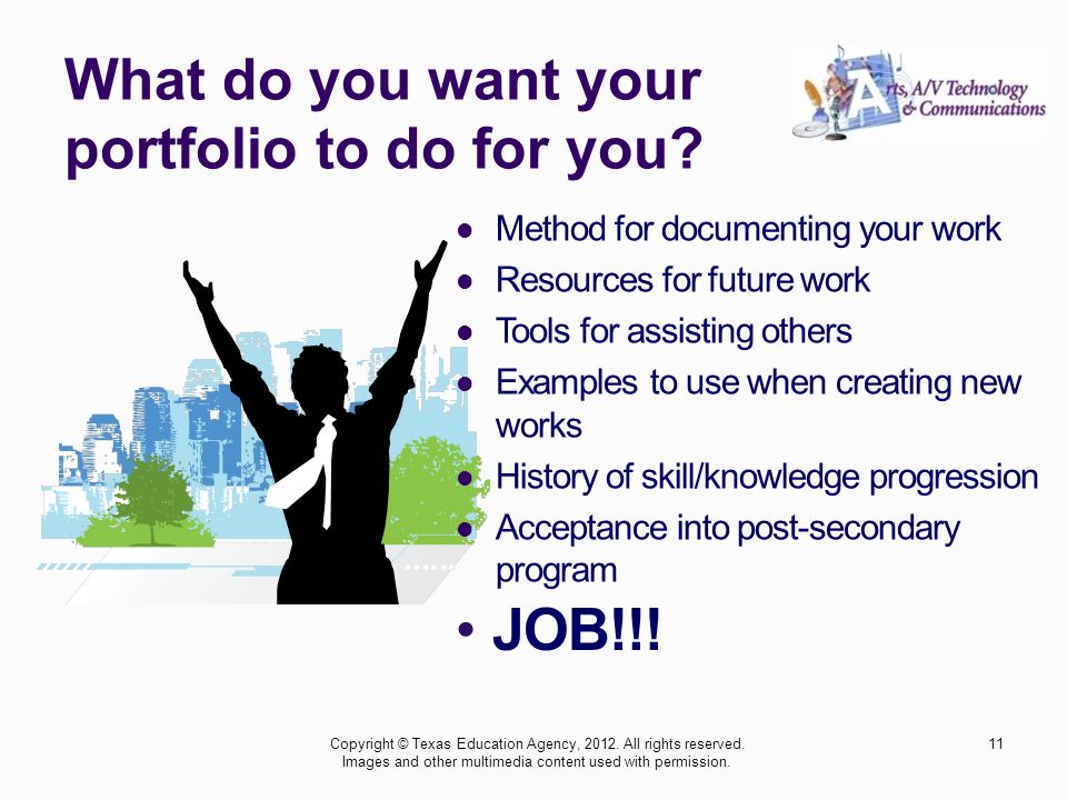 What do you want your portfolio to do for you. 11Copyright © Texas Education Agency,