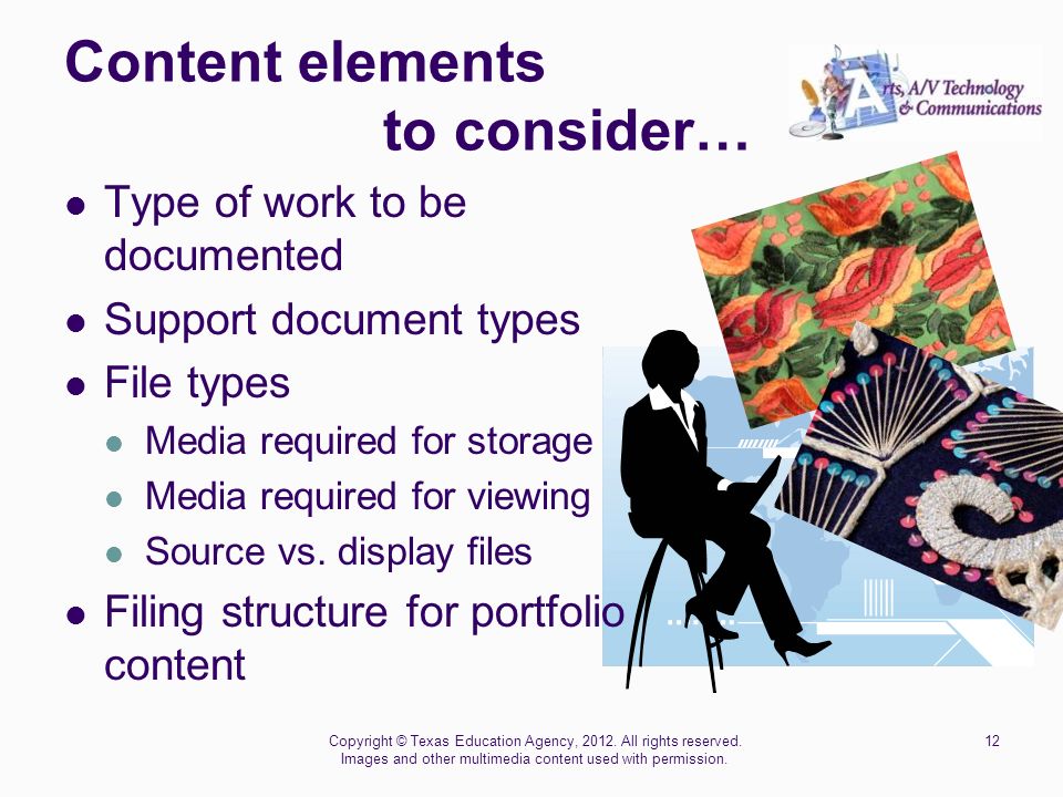 Content elements to consider… 12Copyright © Texas Education Agency, 2012.