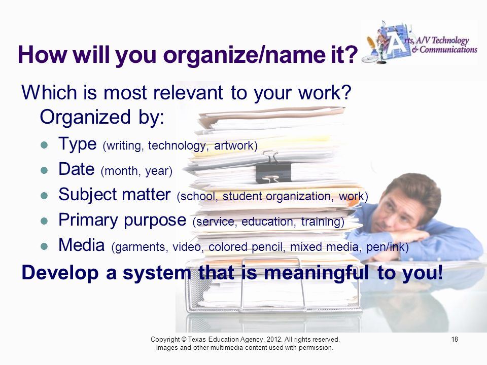 How will you organize/name it. Which is most relevant to your work.