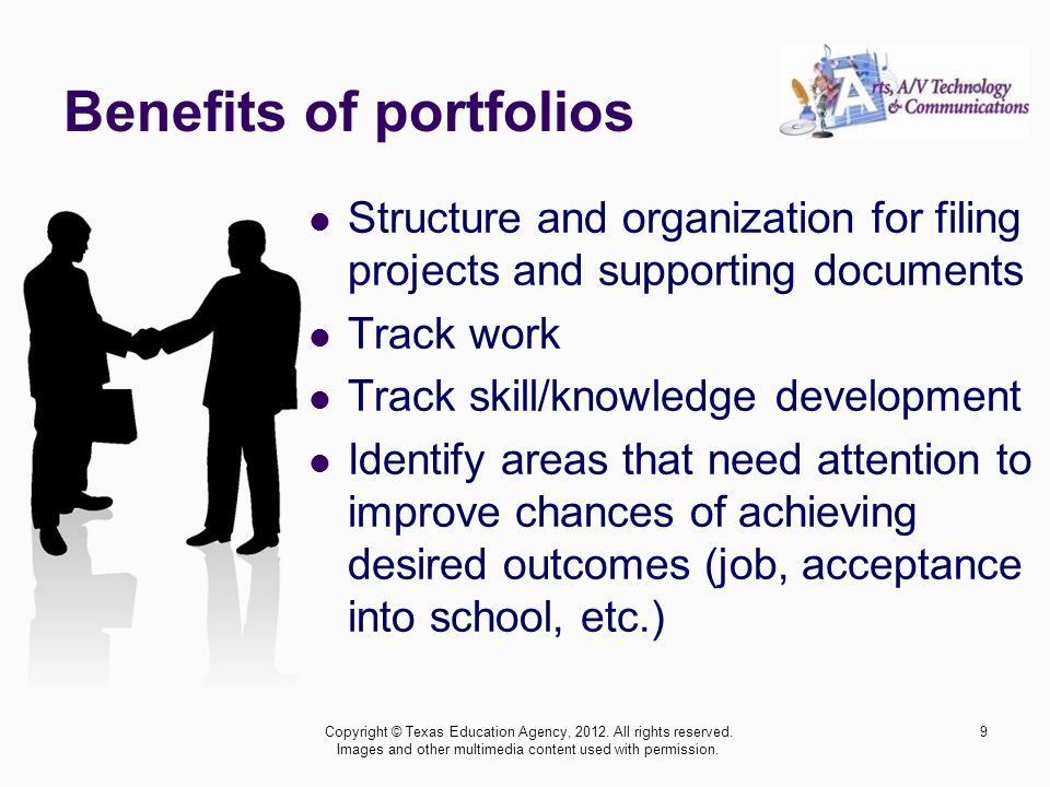 Benefits of portfolios Structure and organization for filing projects and supporting documents Track work Track skill/knowledge development Identify areas that need attention to improve chances of achieving desired outcomes (job, acceptance into school, etc.) Copyright © Texas Education Agency, 2012.