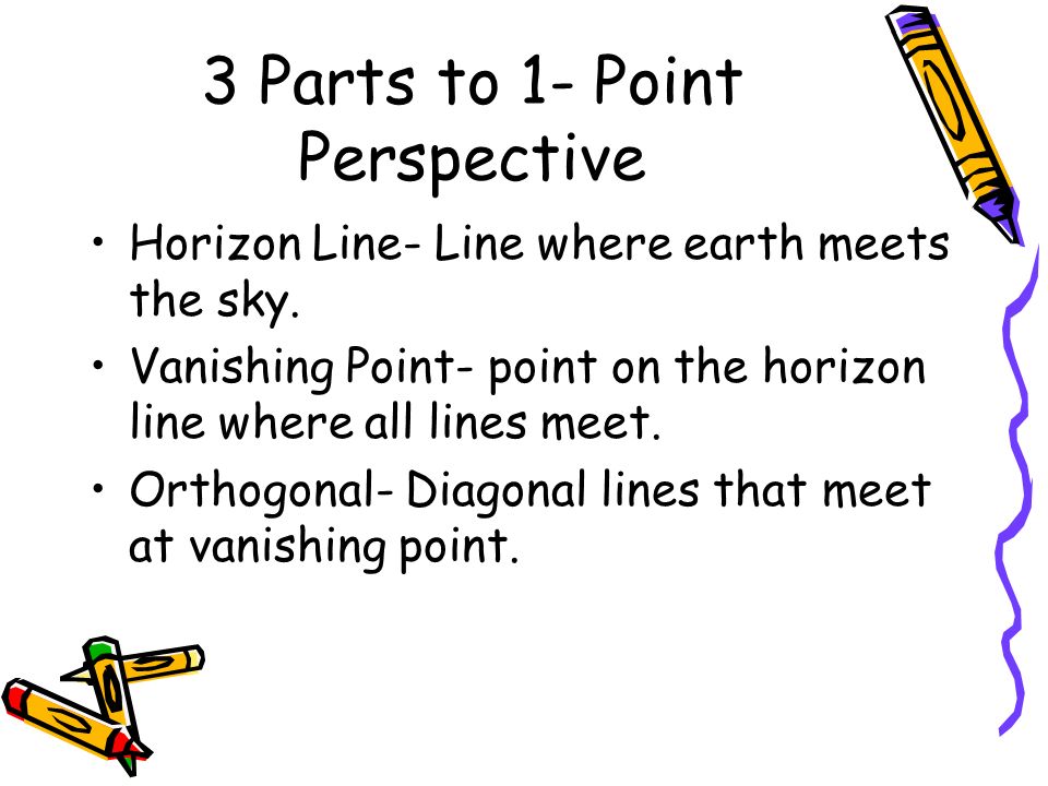 3 Parts to 1- Point Perspective Horizon Line- Line where earth meets the sky.