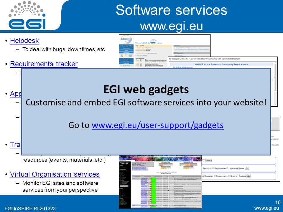 EGI-InSPIRE RI Software services   Helpdesk –To deal with bugs, downtimes, etc.