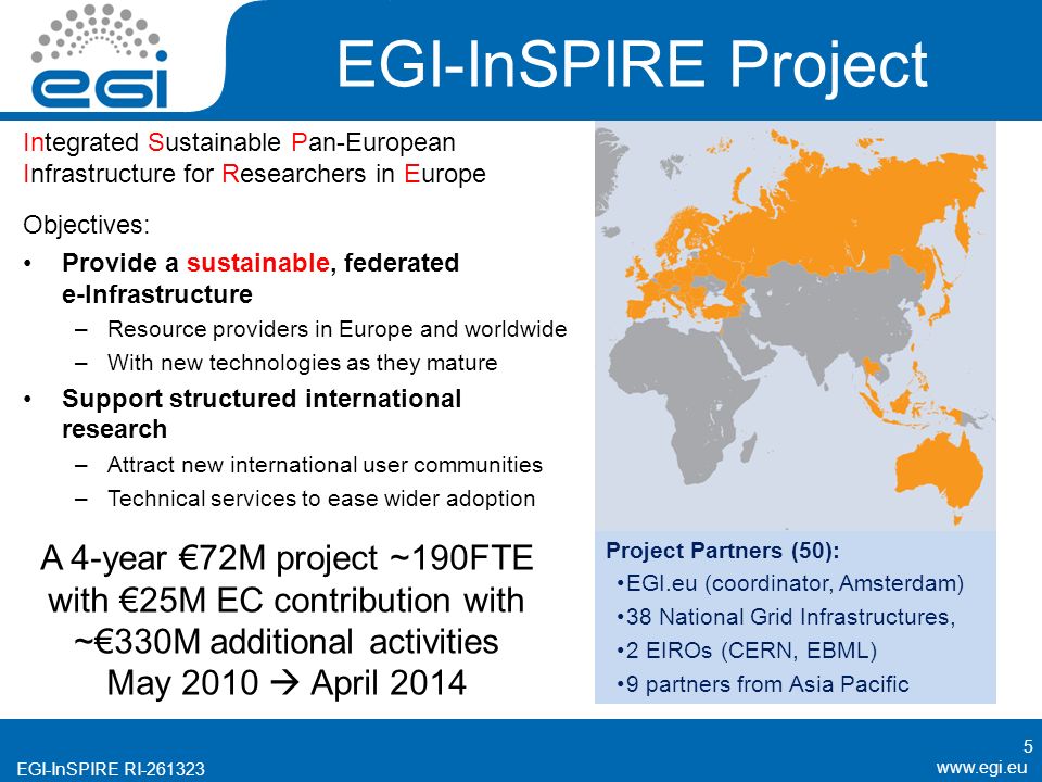 EGI-InSPIRE RI EGI-InSPIRE Project Objectives: Provide a sustainable, federated e-Infrastructure –Resource providers in Europe and worldwide –With new technologies as they mature Support structured international research –Attract new international user communities –Technical services to ease wider adoption A 4-year €72M project ~190FTE with €25M EC contribution with ~€330M additional activities May 2010  April 2014 Project Partners (50): EGI.eu (coordinator, Amsterdam) 38 National Grid Infrastructures, 2 EIROs (CERN, EBML) 9 partners from Asia Pacific 5 Integrated Sustainable Pan-European Infrastructure for Researchers in Europe