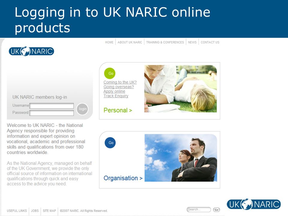 Logging in to UK NARIC online products