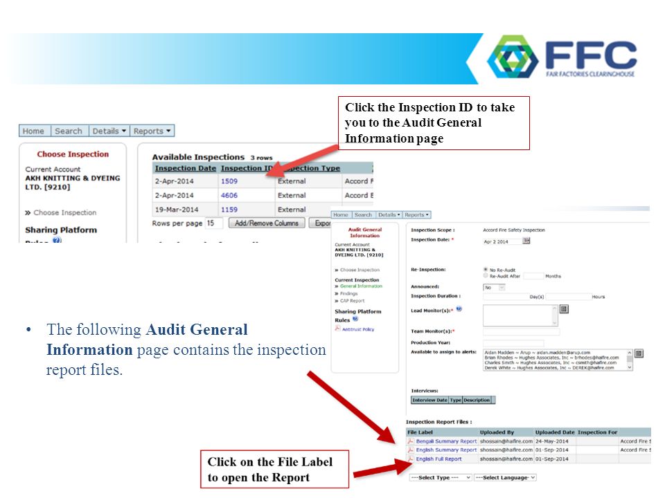 Click the Inspection ID to take you to the Audit General Information page The following Audit General Information page contains the inspection report files.