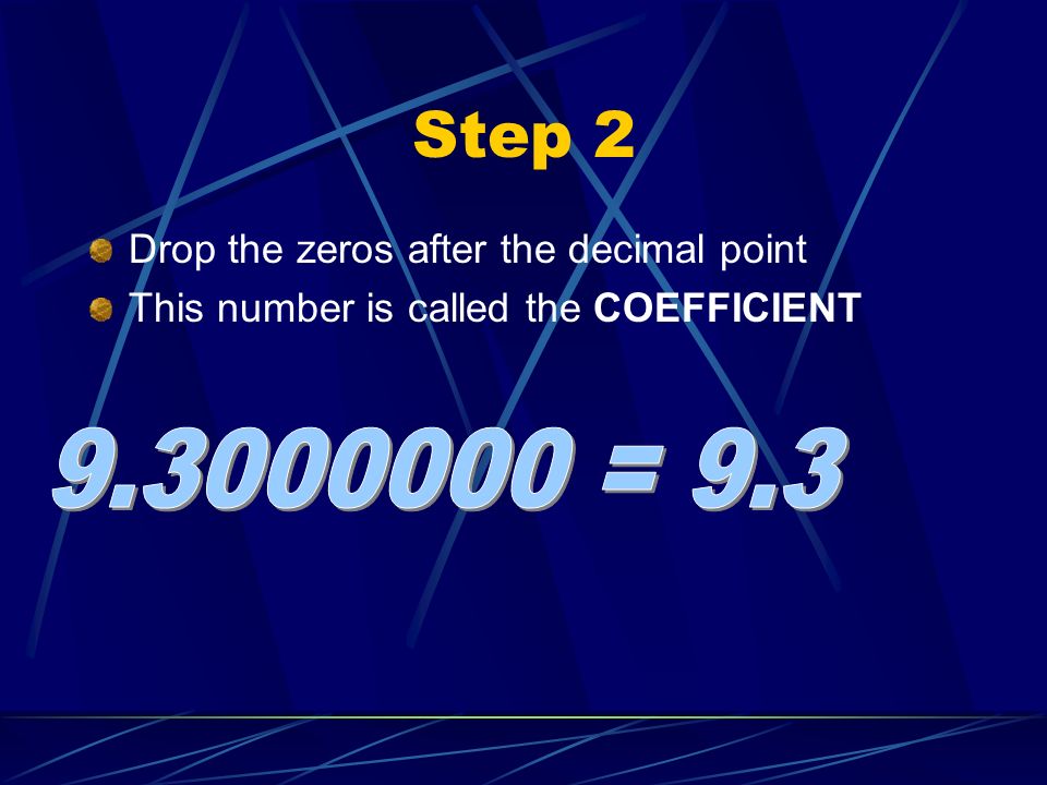 Step 2 Drop the zeros after the decimal point This number is called the COEFFICIENT