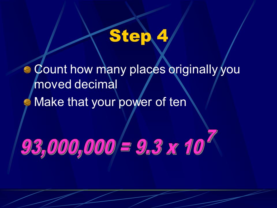 Step 4 Count how many places originally you moved decimal Make that your power of ten