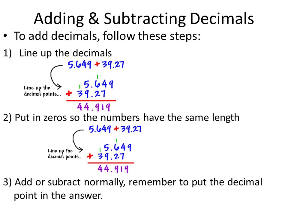 Adding & Subtracting Decimals To add decimals, follow these steps: 1)Line up the decimals 2) Put in zeros so the numbers have the same length 3) Add or subract normally, remember to put the decimal point in the answer.