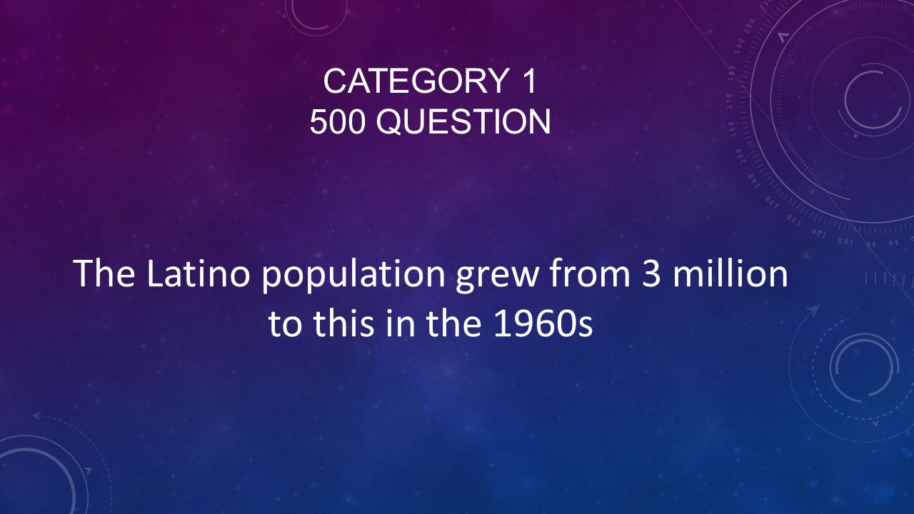 CATEGORY QUESTION The Latino population grew from 3 million to this in the 1960s
