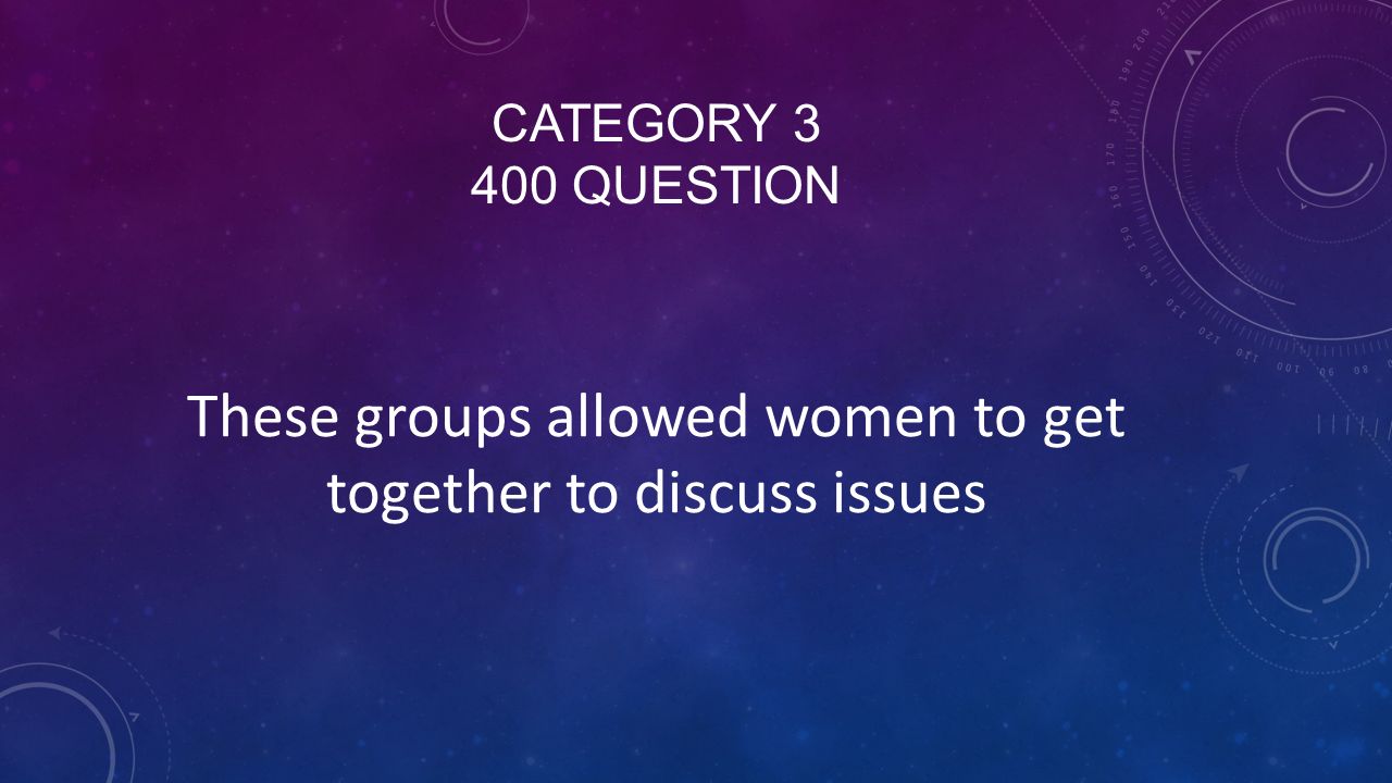 CATEGORY QUESTION These groups allowed women to get together to discuss issues