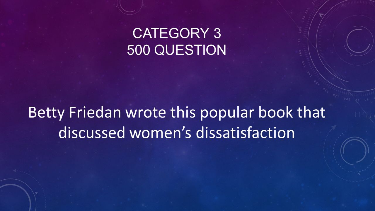 CATEGORY QUESTION Betty Friedan wrote this popular book that discussed women’s dissatisfaction