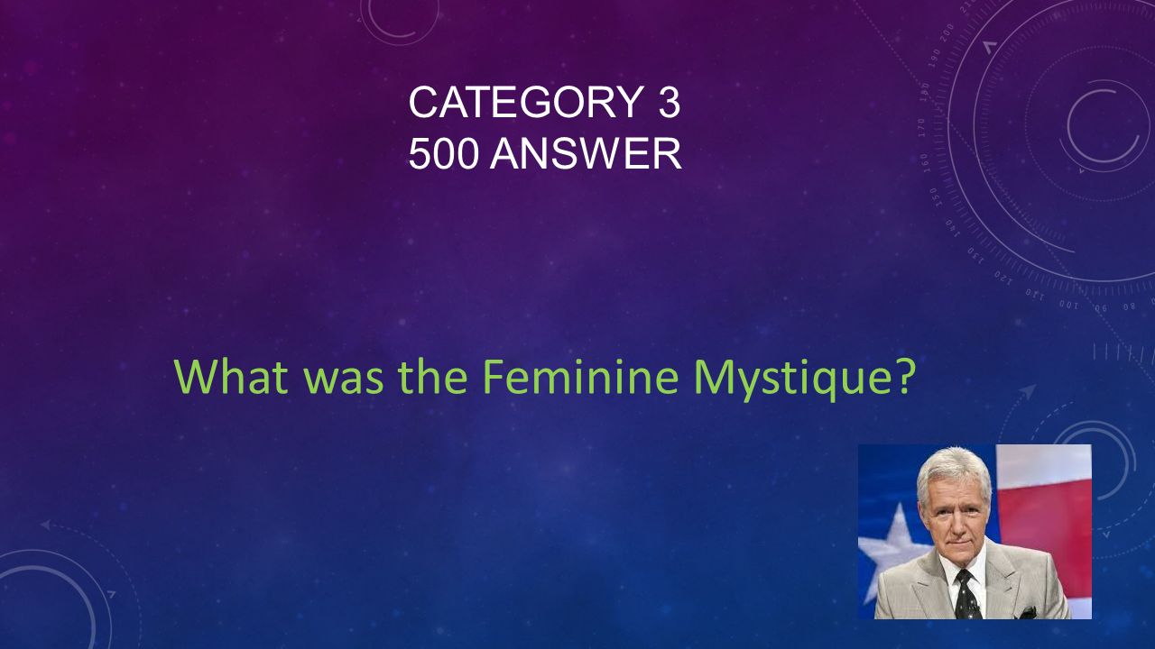 CATEGORY ANSWER What was the Feminine Mystique