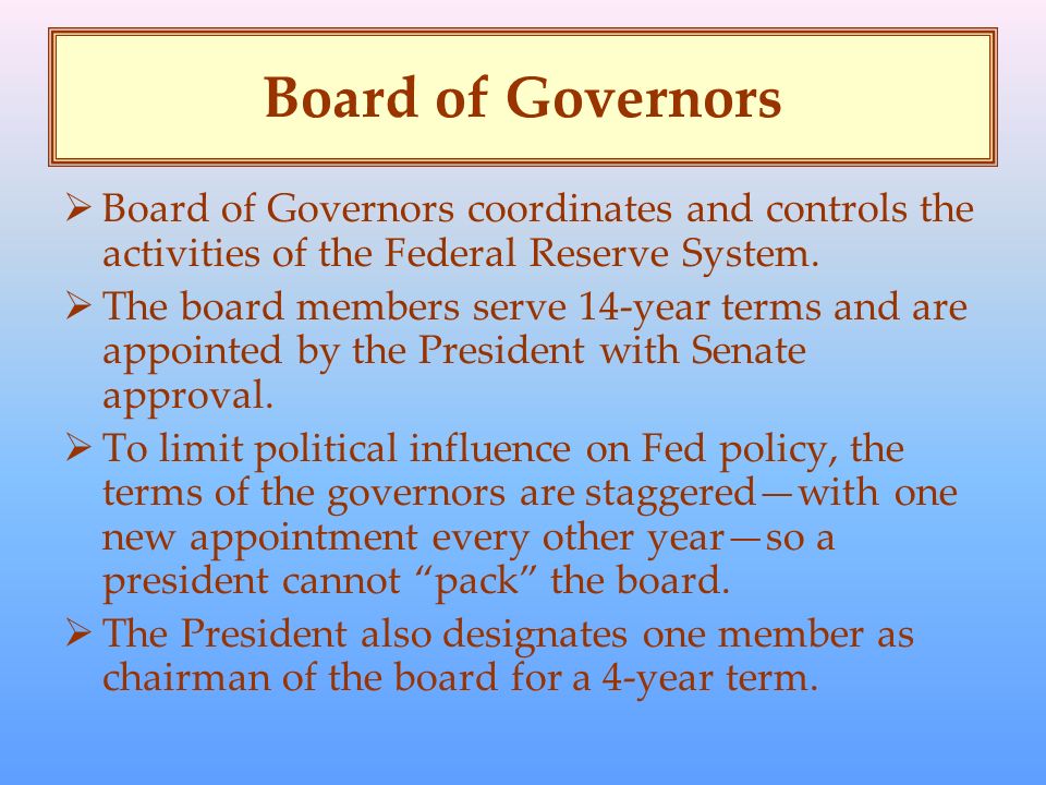 Board of Governors  Board of Governors coordinates and controls the activities of the Federal Reserve System.