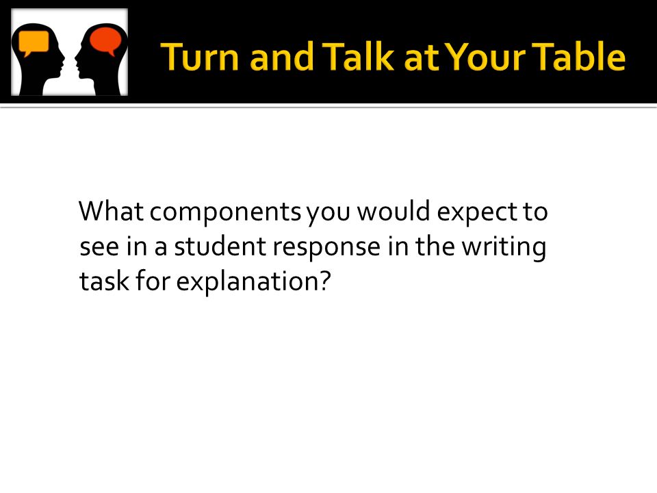 What components you would expect to see in a student response in the writing task for explanation