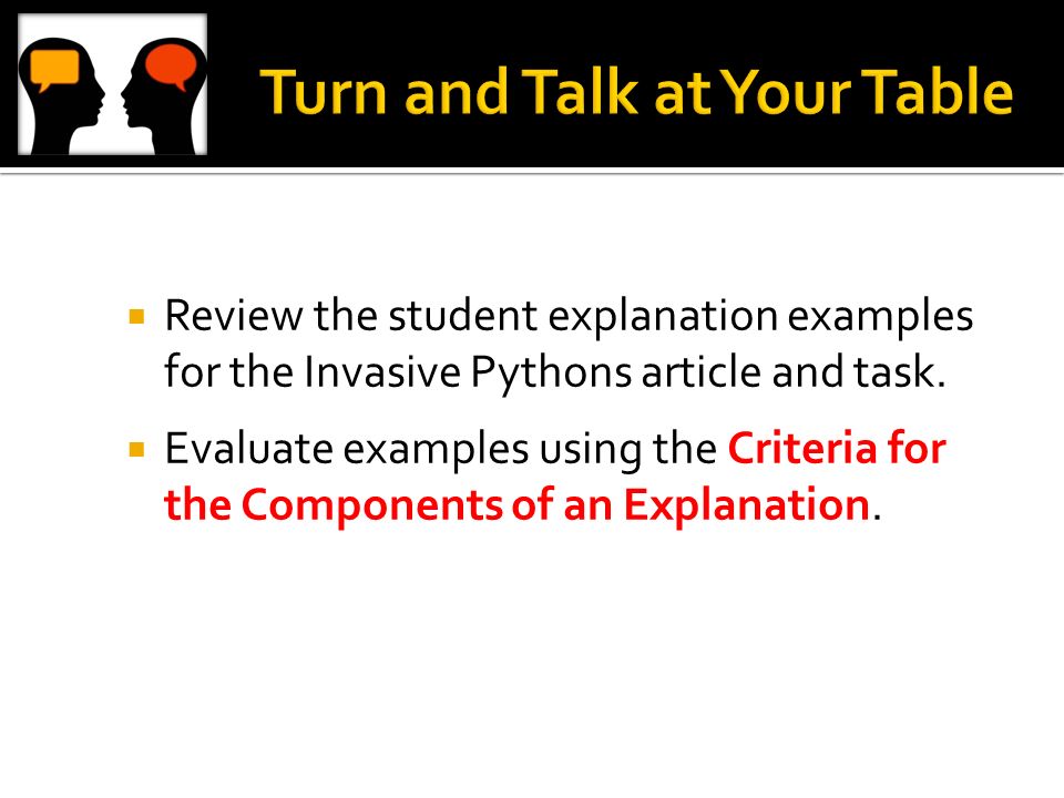  Review the student explanation examples for the Invasive Pythons article and task.