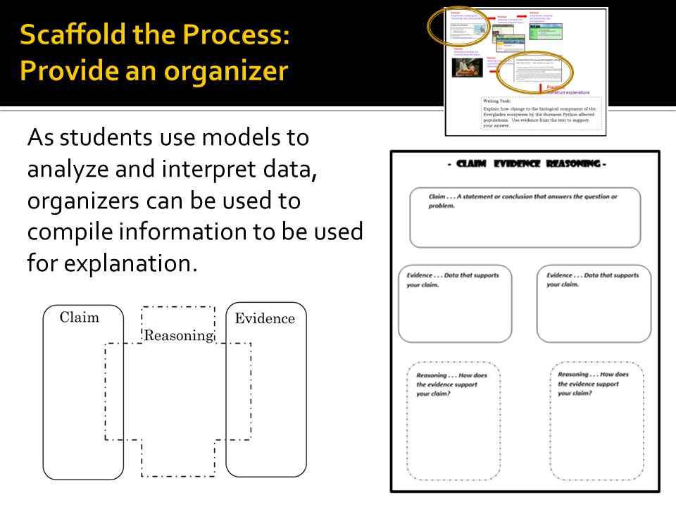 As students use models to analyze and interpret data, organizers can be used to compile information to be used for explanation.