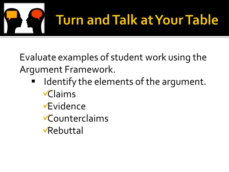 Evaluate examples of student work using the Argument Framework.