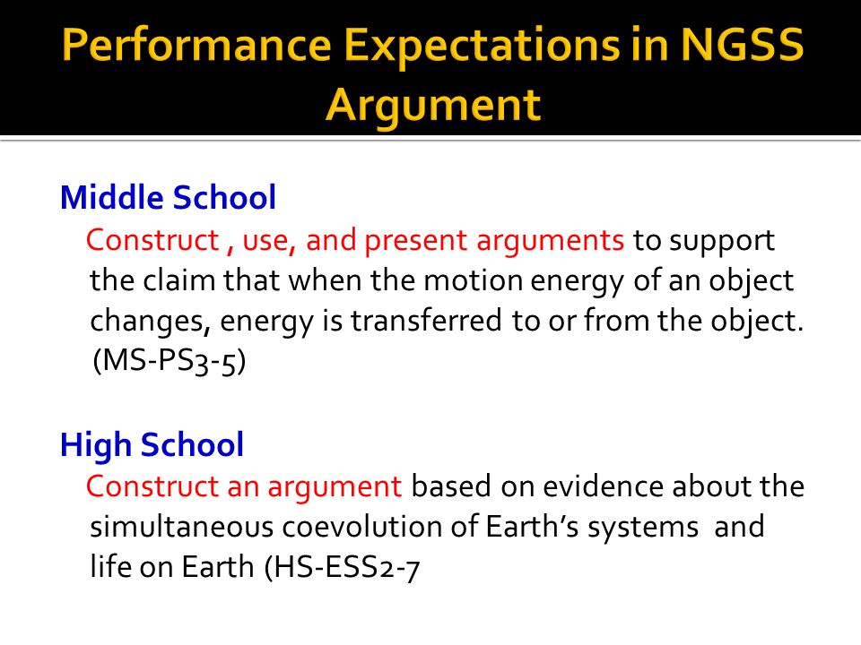 Middle School Construct, use, and present arguments to support the claim that when the motion energy of an object changes, energy is transferred to or from the object.