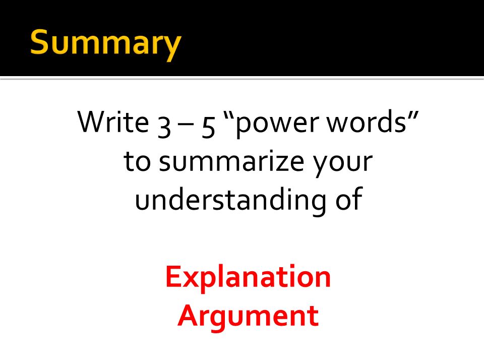 Write 3 – 5 power words to summarize your understanding of Explanation Argument