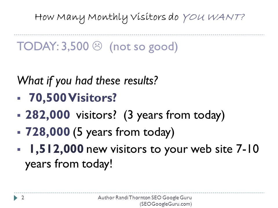How Many Monthly Visitors do YOU WANT. TODAY: 3,500  (not so good) What if you had these results.
