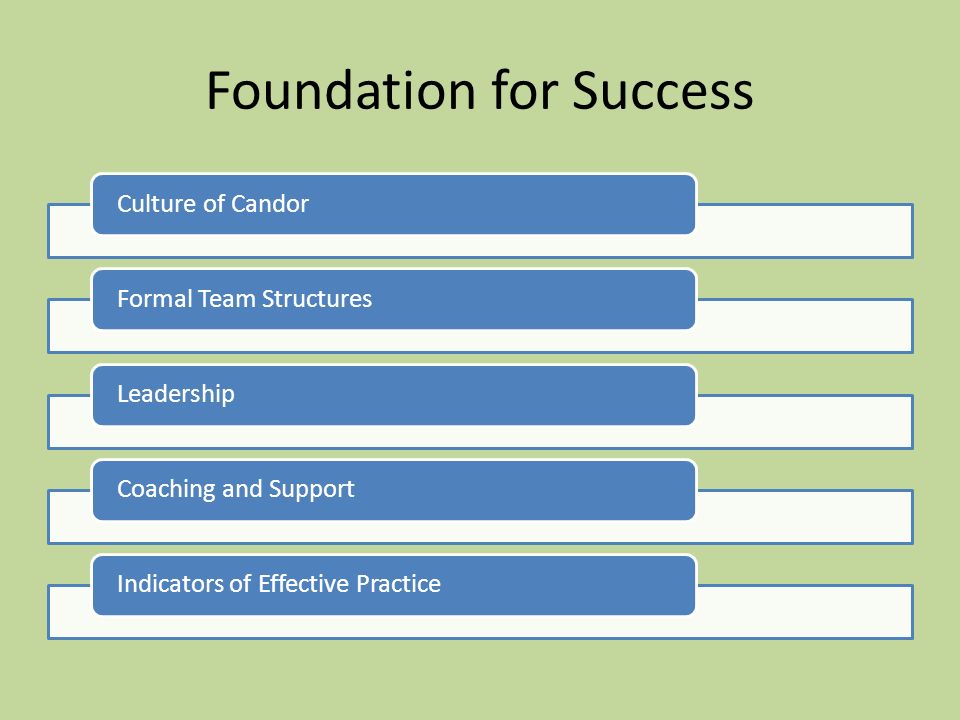 Foundation for Success Culture of CandorFormal Team StructuresLeadershipCoaching and SupportIndicators of Effective Practice