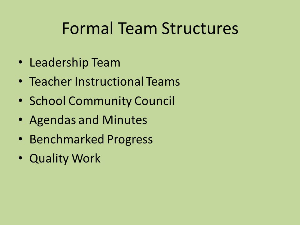 Formal Team Structures Leadership Team Teacher Instructional Teams School Community Council Agendas and Minutes Benchmarked Progress Quality Work