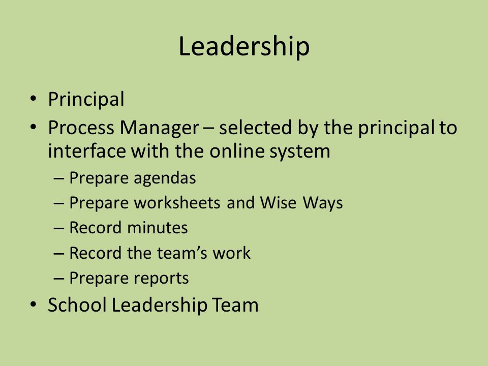 Leadership Principal Process Manager – selected by the principal to interface with the online system – Prepare agendas – Prepare worksheets and Wise Ways – Record minutes – Record the team’s work – Prepare reports School Leadership Team