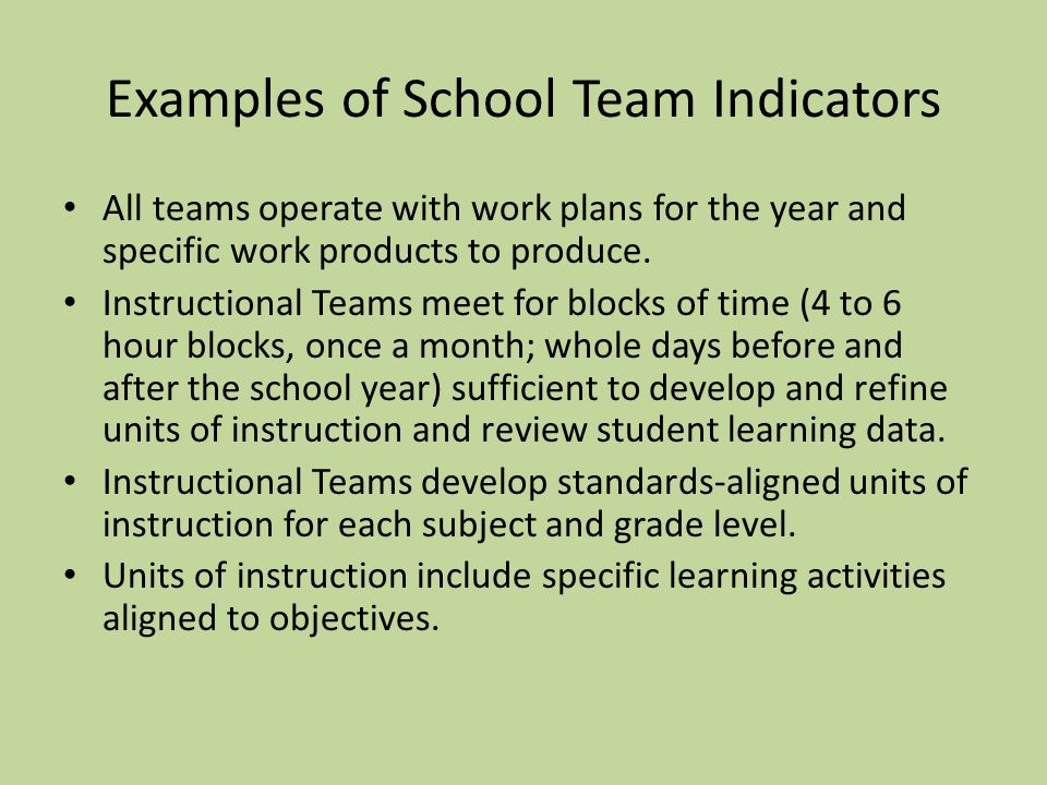 Examples of School Team Indicators All teams operate with work plans for the year and specific work products to produce.