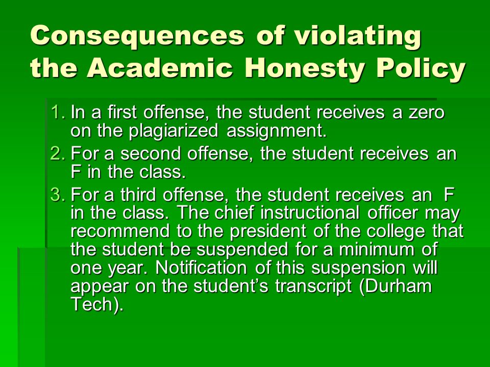 Consequences of violating the Academic Honesty Policy 1.In a first offense, the student receives a zero on the plagiarized assignment.