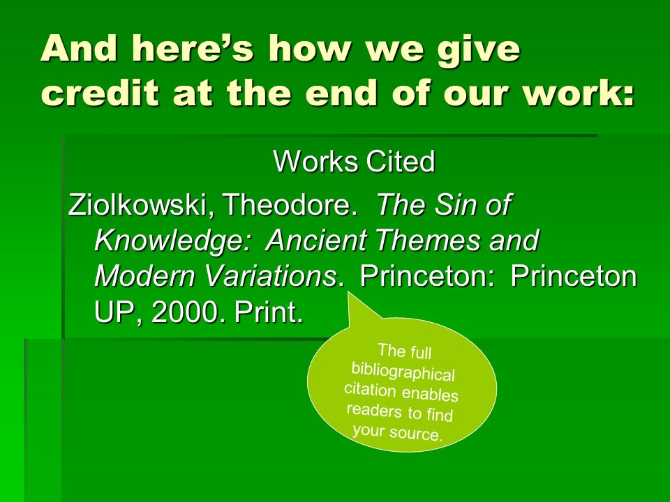 And here’s how we give credit at the end of our work: Works Cited Ziolkowski, Theodore.