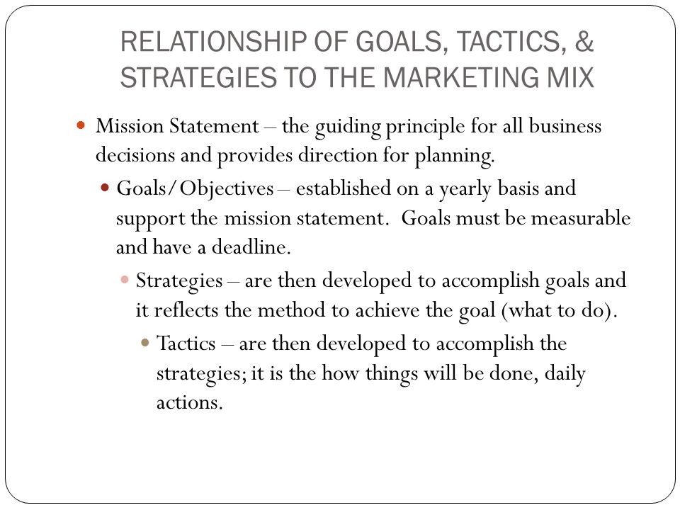 RELATIONSHIP OF GOALS, TACTICS, & STRATEGIES TO THE MARKETING MIX Mission Statement – the guiding principle for all business decisions and provides direction for planning.