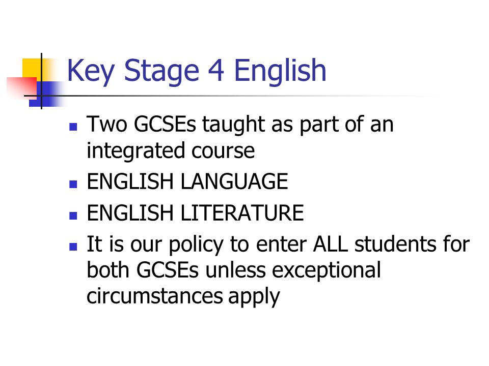 Key Stage 4 English Two GCSEs taught as part of an integrated course ENGLISH LANGUAGE ENGLISH LITERATURE It is our policy to enter ALL students for both GCSEs unless exceptional circumstances apply