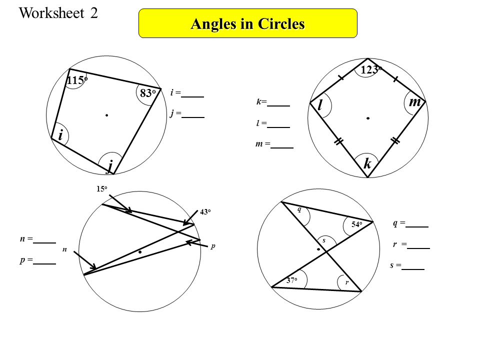 Worksheet 2 Angles in Circles 115 o i j 83 o 123 o k l m 15 o p 43 o n r 54 o q 37 o s i = j = k=k= l = m = n = p = q = r = s =