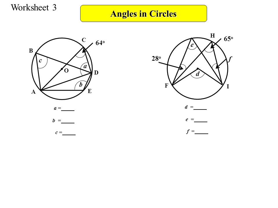 Worksheet 3 Angles in Circles 64 o a b c d e 65 o f 28 o A B C D E O F H I a = b = c = d = e = f =