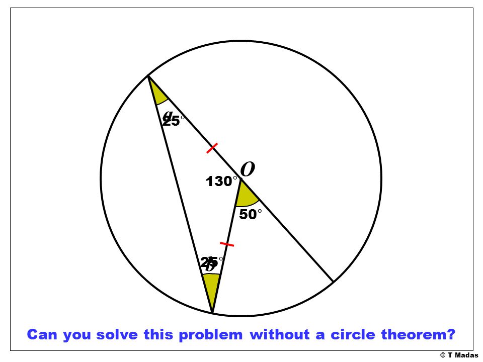 © T Madas 50° a b 130° 25° Can you solve this problem without a circle theorem O