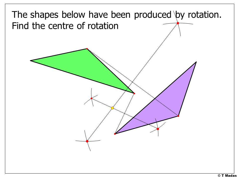 The shapes below have been produced by rotation. Find the centre of rotation Why does it work