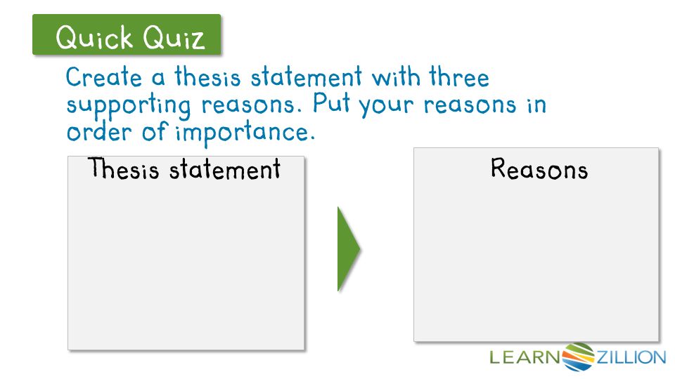Let’s Review Quick Quiz Create a thesis statement with three supporting reasons.