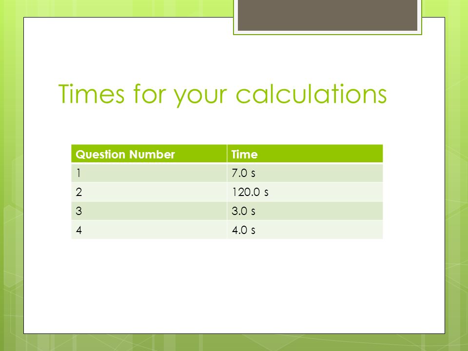 Times for your calculations Question NumberTime 17.0 s s 33.0 s 44.0 s