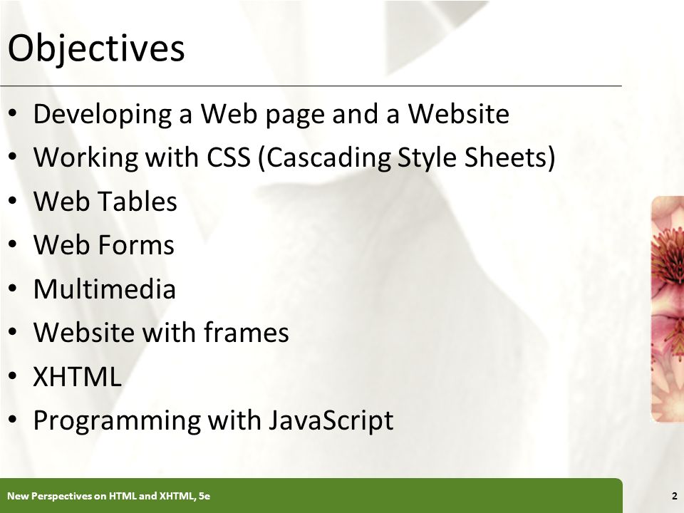 XP Objectives Developing a Web page and a Website Working with CSS (Cascading Style Sheets) Web Tables Web Forms Multimedia Website with frames XHTML Programming with JavaScript New Perspectives on HTML and XHTML, 5e2