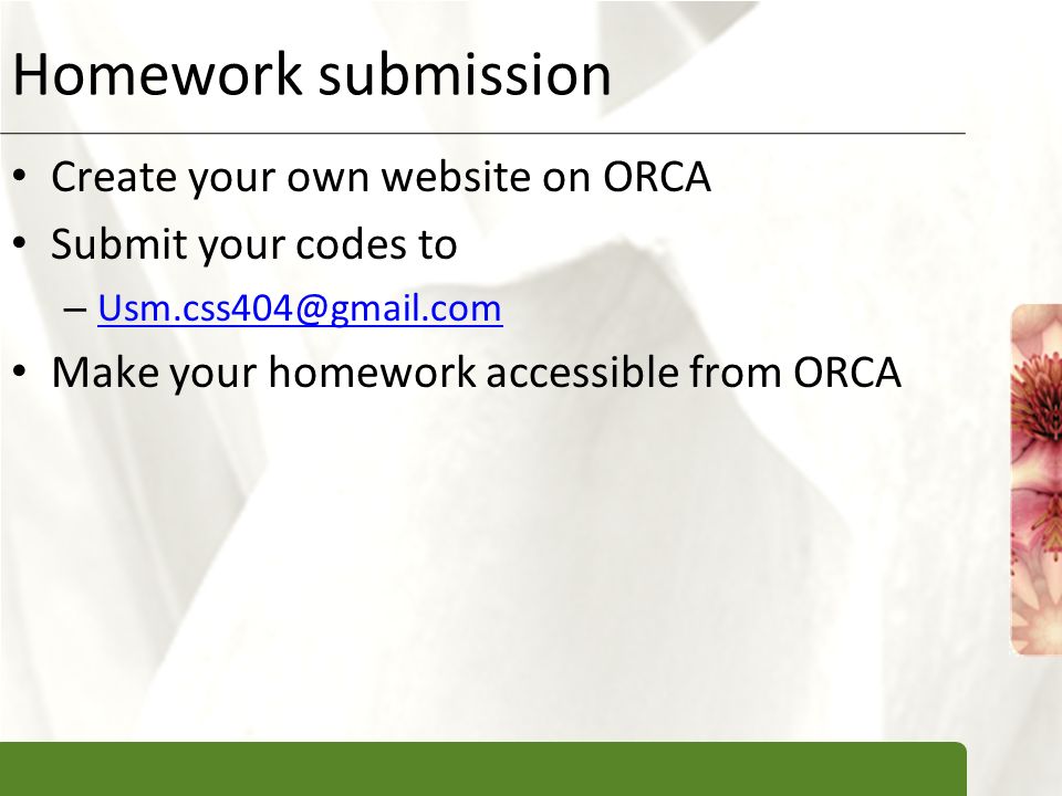 XP Homework submission Create your own website on ORCA Submit your codes to –  Make your homework accessible from ORCA