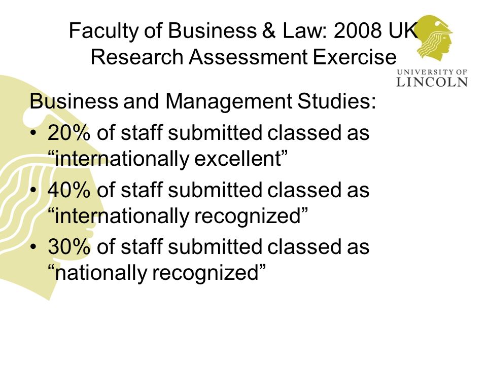 Faculty of Business & Law: 2008 UK Research Assessment Exercise Business and Management Studies: 20% of staff submitted classed as internationally excellent 40% of staff submitted classed as internationally recognized 30% of staff submitted classed as nationally recognized
