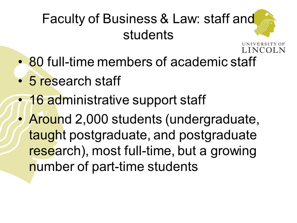 Faculty of Business & Law: staff and students 80 full-time members of academic staff 5 research staff 16 administrative support staff Around 2,000 students (undergraduate, taught postgraduate, and postgraduate research), most full-time, but a growing number of part-time students