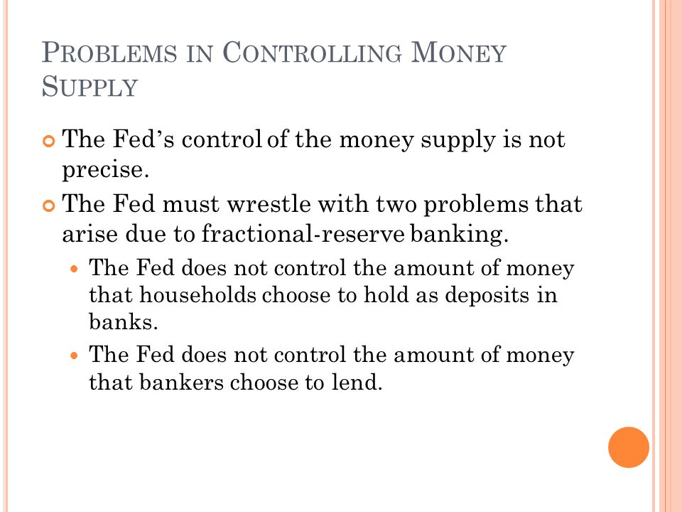 P ROBLEMS IN C ONTROLLING M ONEY S UPPLY The Fed ’ s control of the money supply is not precise.