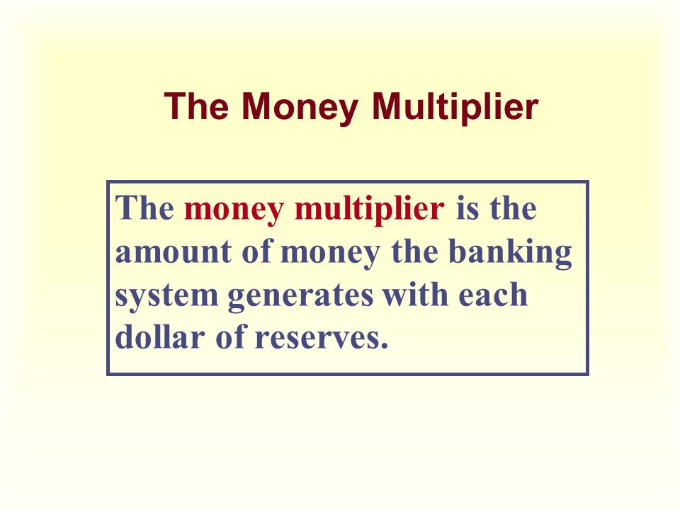 The Money Multiplier The money multiplier is the amount of money the banking system generates with each dollar of reserves.