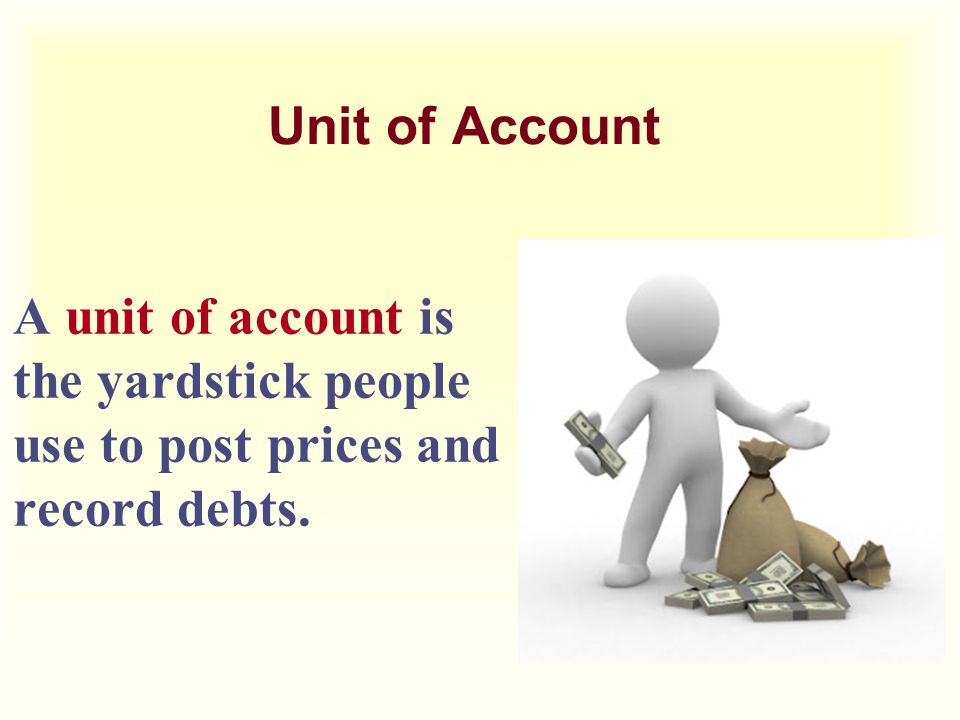Unit of Account A unit of account is the yardstick people use to post prices and record debts.