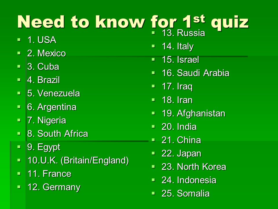 Need to know for 1 st quiz  1. USA  2. Mexico  3.