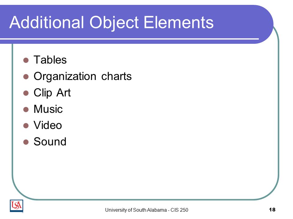 University of South Alabama - CIS Additional Object Elements Tables Organization charts Clip Art Music Video Sound