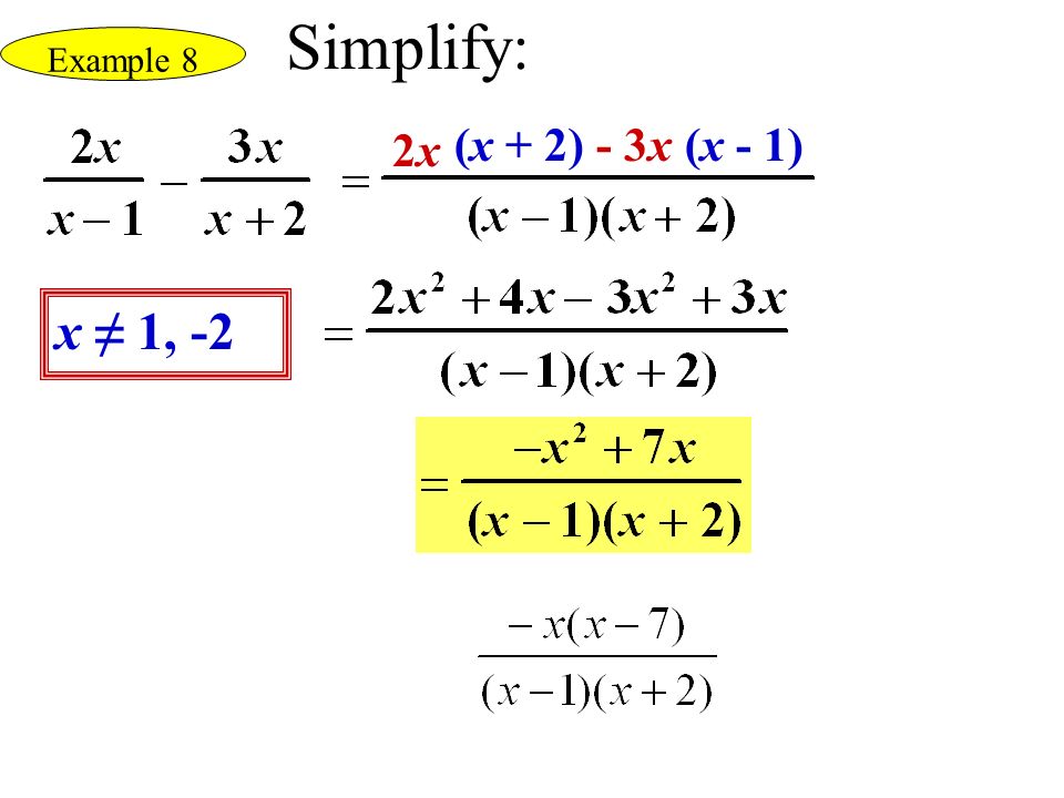 x ≠ 1, -2 2x2x (x + 2)- 3x(x - 1) Example 8 Simplify: